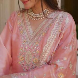 Women's Silk Heavy Embroidery Sequence Work Top-Bottom Straight Kurti With Pant and Dupatta set